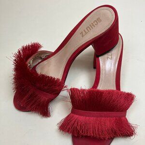 Schutz Red FringedLeather Tassel Slide Slip On Block Heels Size 8B